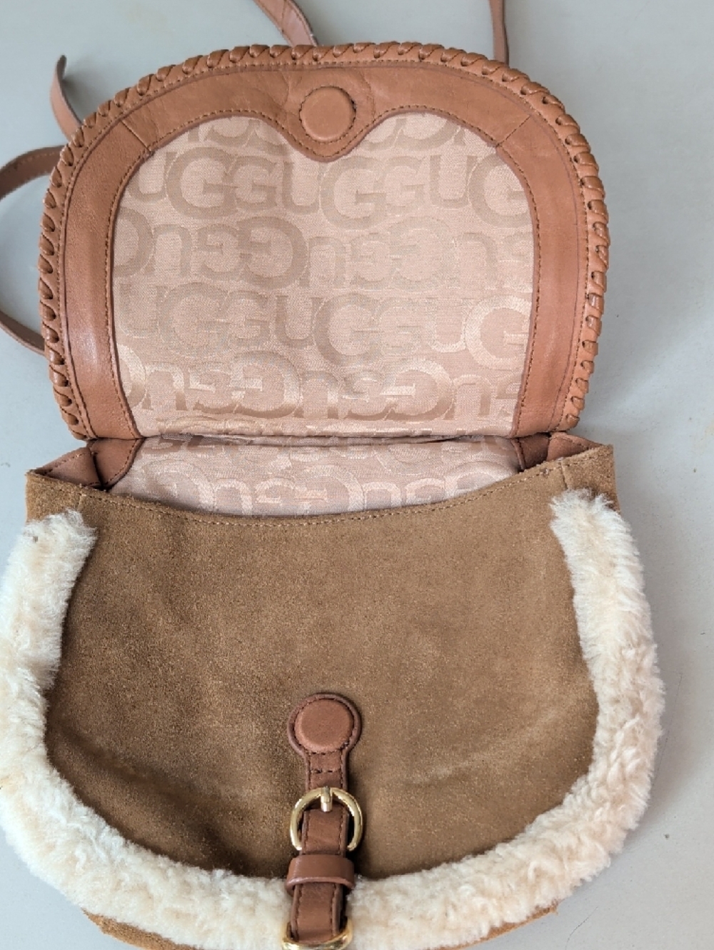 UGG Tan Suede Crossbody with Floral Embroidery Wool Trim Roomy Chic Lightweight - Picture 4 of 13